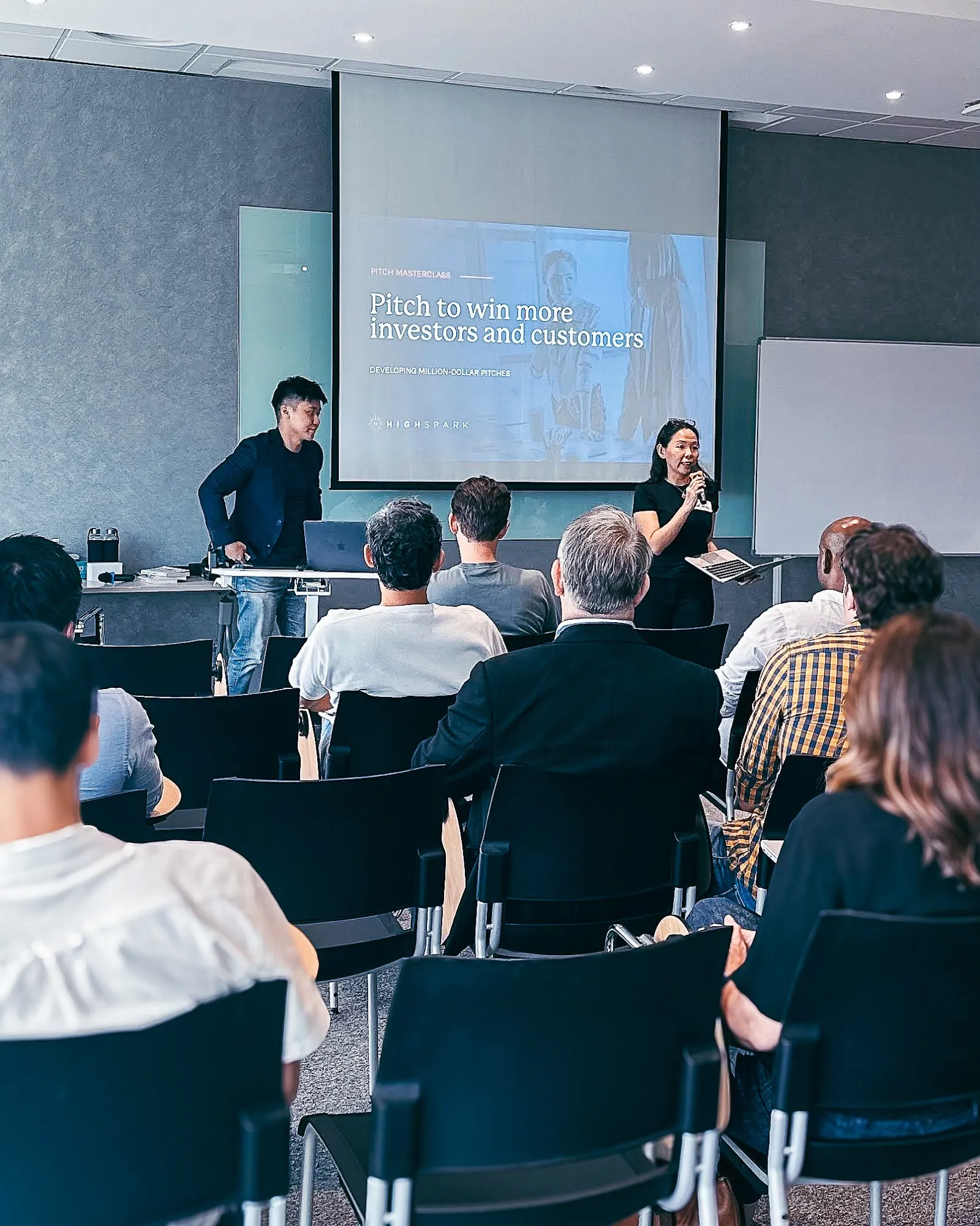 Eugene Cheng and Kai Xin Koh co-teaching a HighSpark pitch masterclass